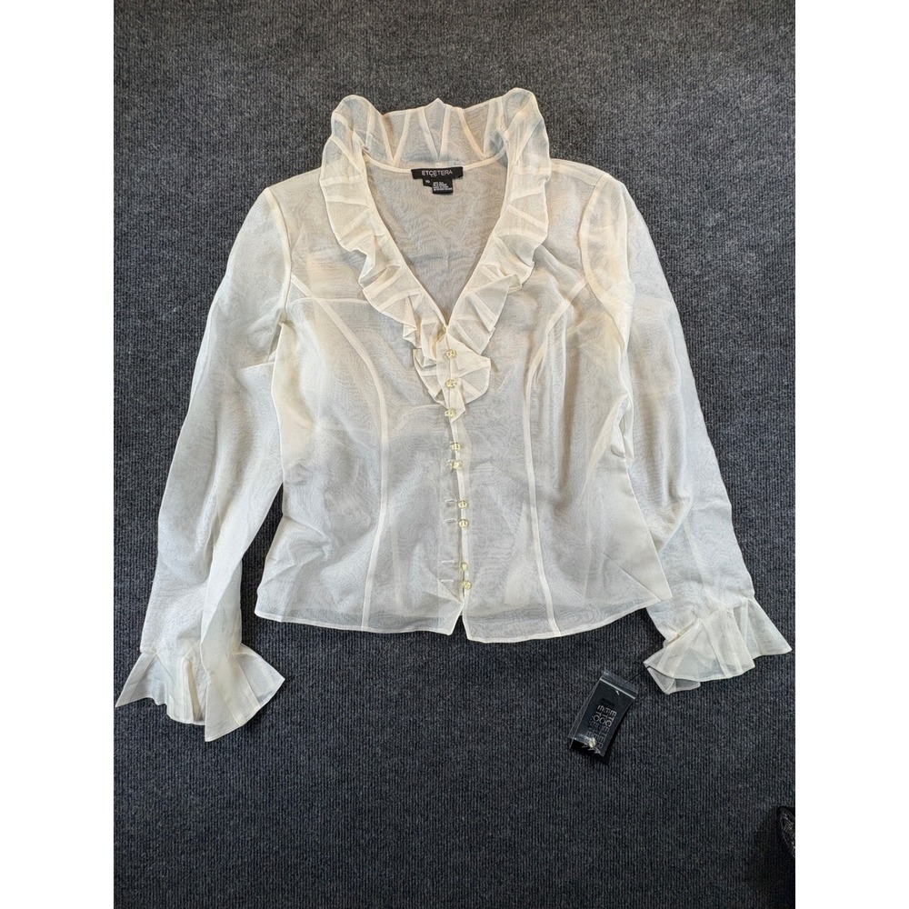 Etcetera Porcelain White 100% Silk Ruffle Button Front Blouse Size 10 NWT